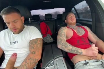 thumbnail for Andy Lee (AndyLeeXXX) and Big Liam (BigLiamXXX) jerk off together in the car