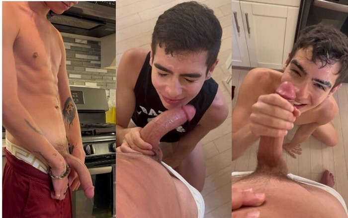 JustTheGays thumbnail for Kayleb Alexander sucks twink cock in the kitchen – POV