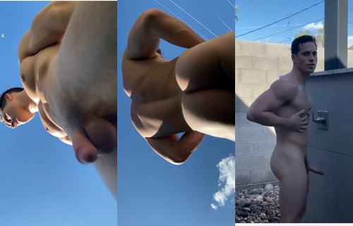 thumbnail for Nick Sandell rubs his hard body while using his outdoor shower