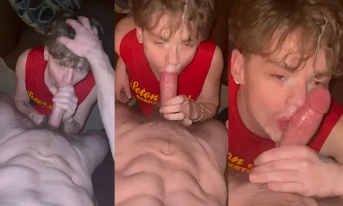 JustTheGays thumbnail for Young and sexy twink gets sprayed with a big load of cum after sucking a juicy cock