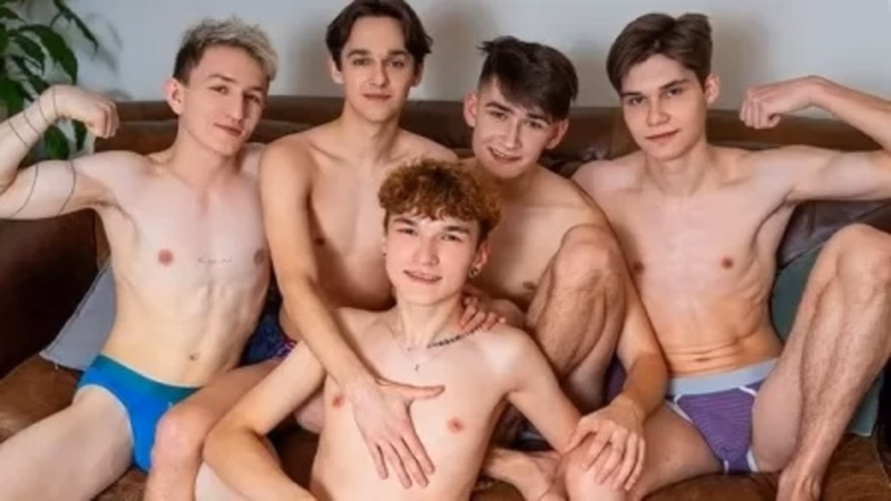 JustTheGays thumbnail for Adam Keller, Tony Keit, Amon, Philip Kiss, Scott Smith – Twink Fuck Fest on My Couch!